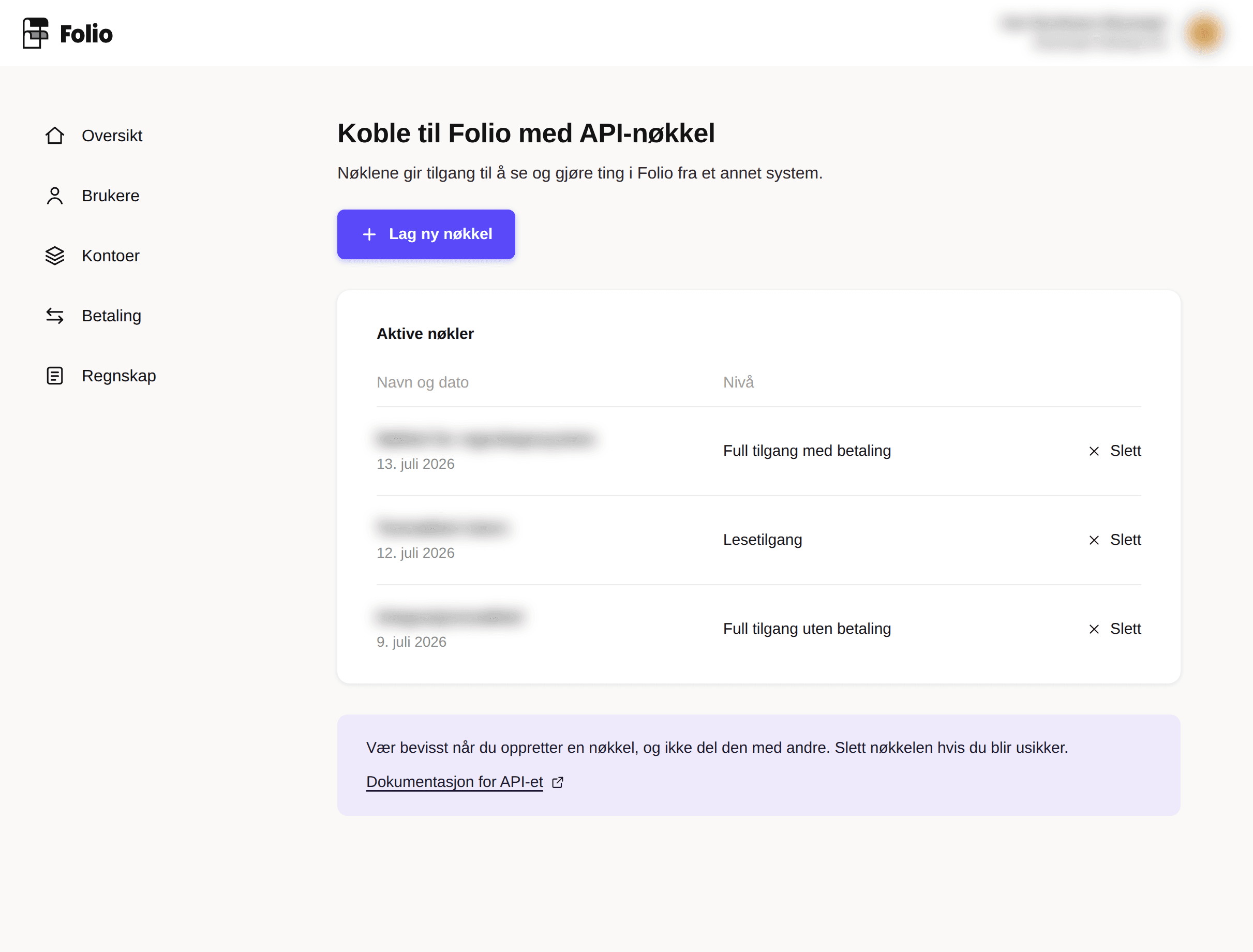 API-tilgangssiden i Folio med knappen «Lag ny nøkkel» og listen over aktive nøkler